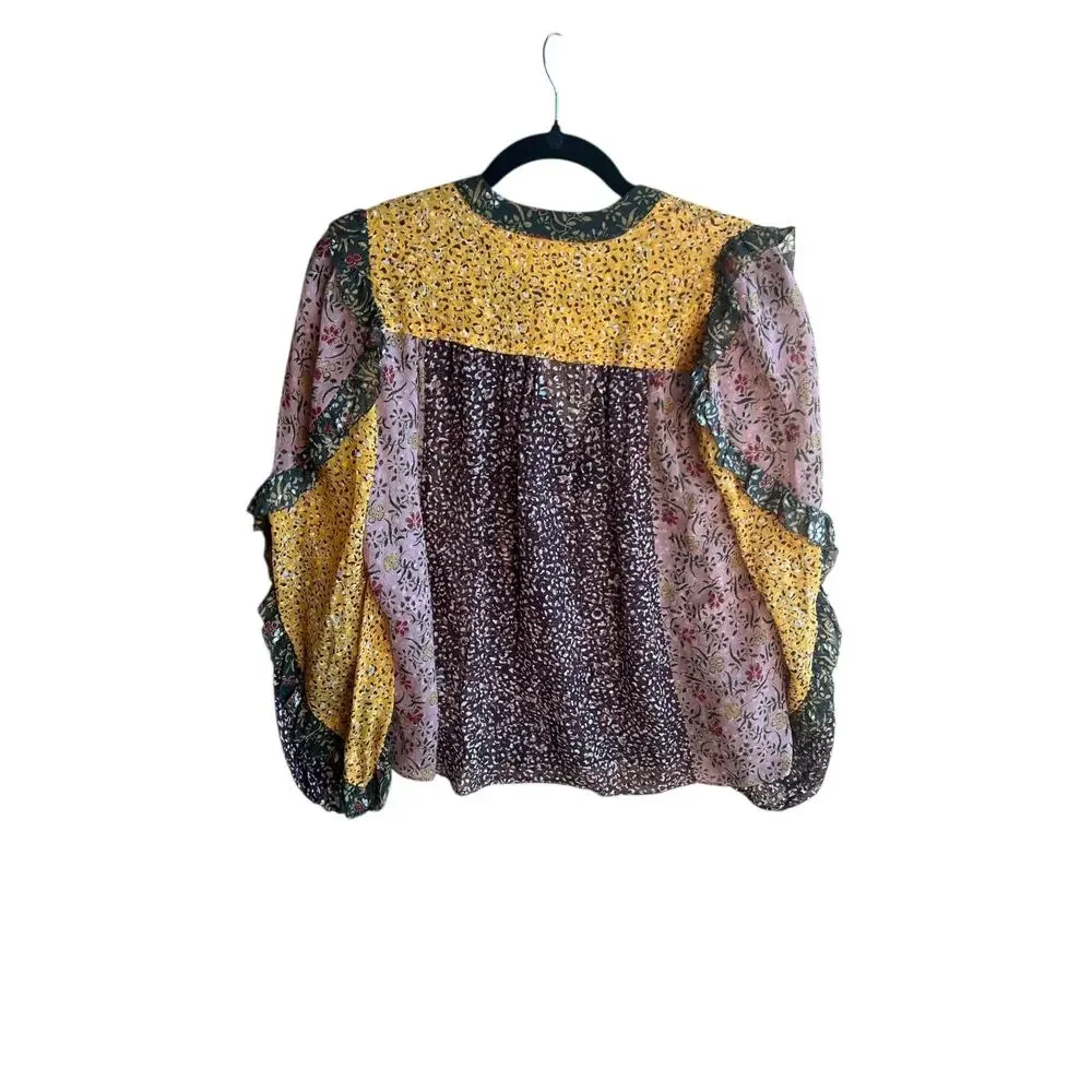Ulla Johnson Norma Blouse Tropical Silk Blend Top Women Sz 0 Mixed Print Boho